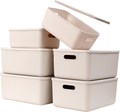 6 Pcs Small Plastic Storage Bins with Lids,Beige Storage Set, Stackable Lidded Design, Compact Size for Shelves, Plastic Bins for Everyday Organization