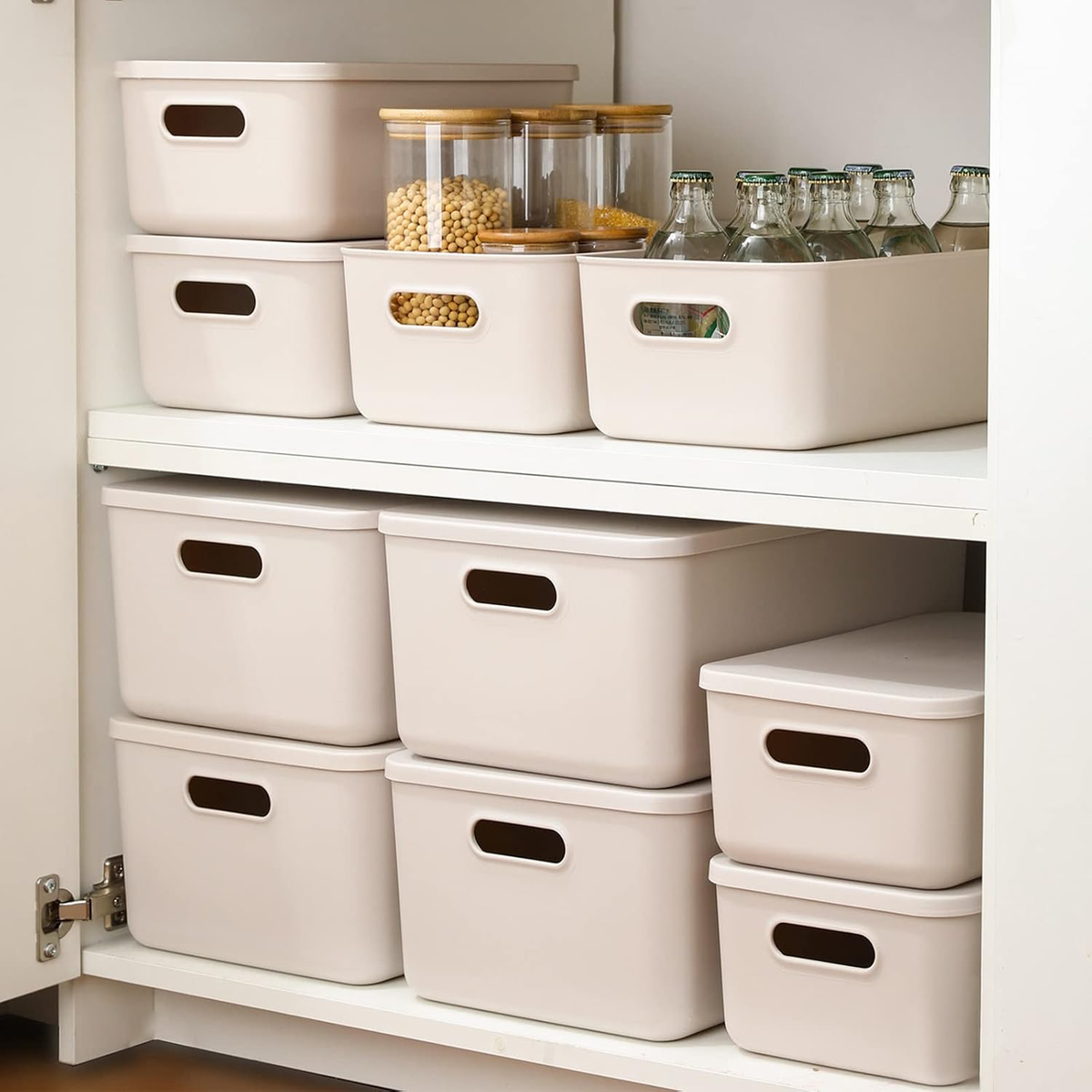 6 Pcs Small Plastic Storage Bins with Lids,Beige Storage Set, Stackable Lidded Design, Compact Size for Shelves, Plastic Bins for Everyday Organization