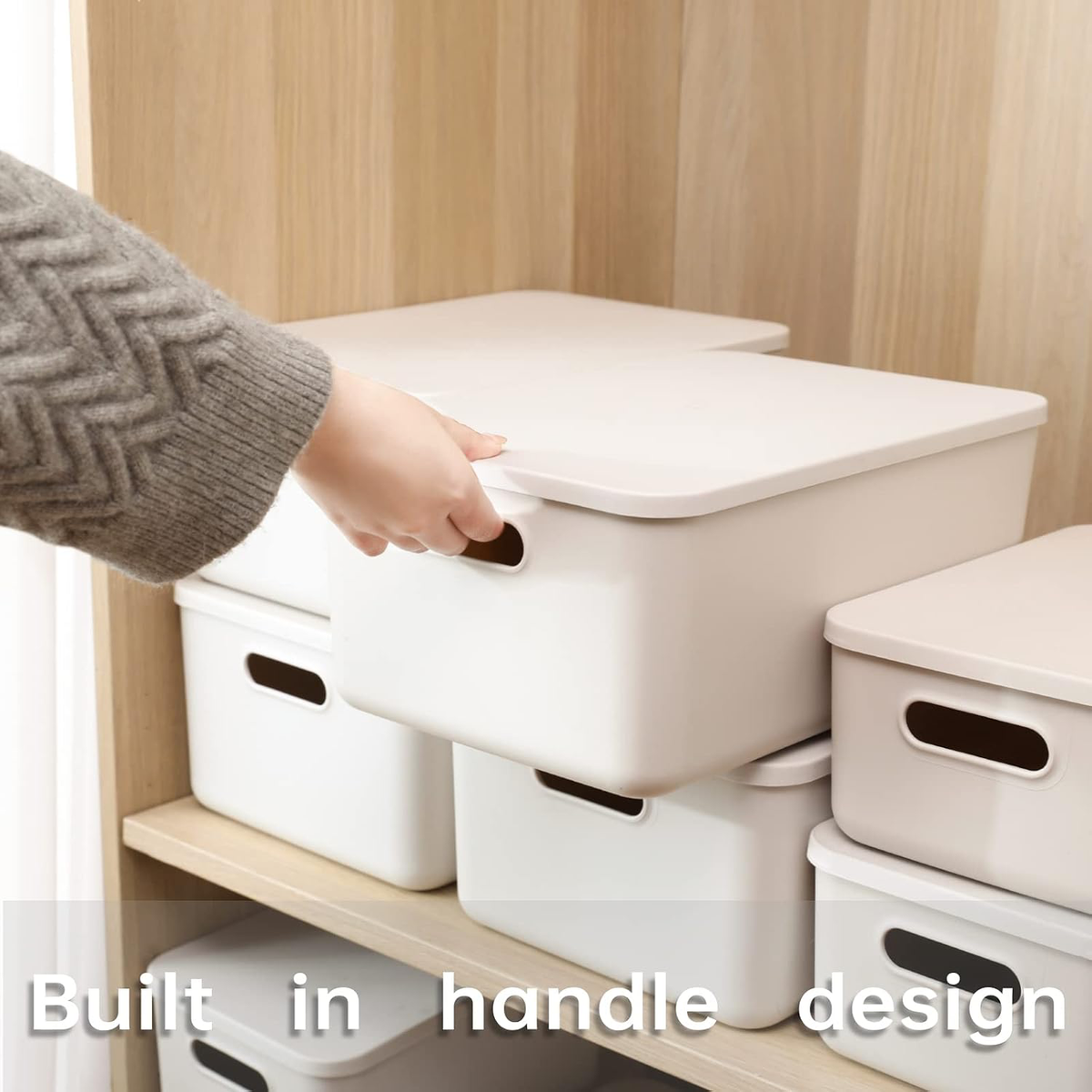 6 Pcs Small Plastic Storage Bins with Lids,Beige Storage Set, Stackable Lidded Design, Compact Size for Shelves, Plastic Bins for Everyday Organization